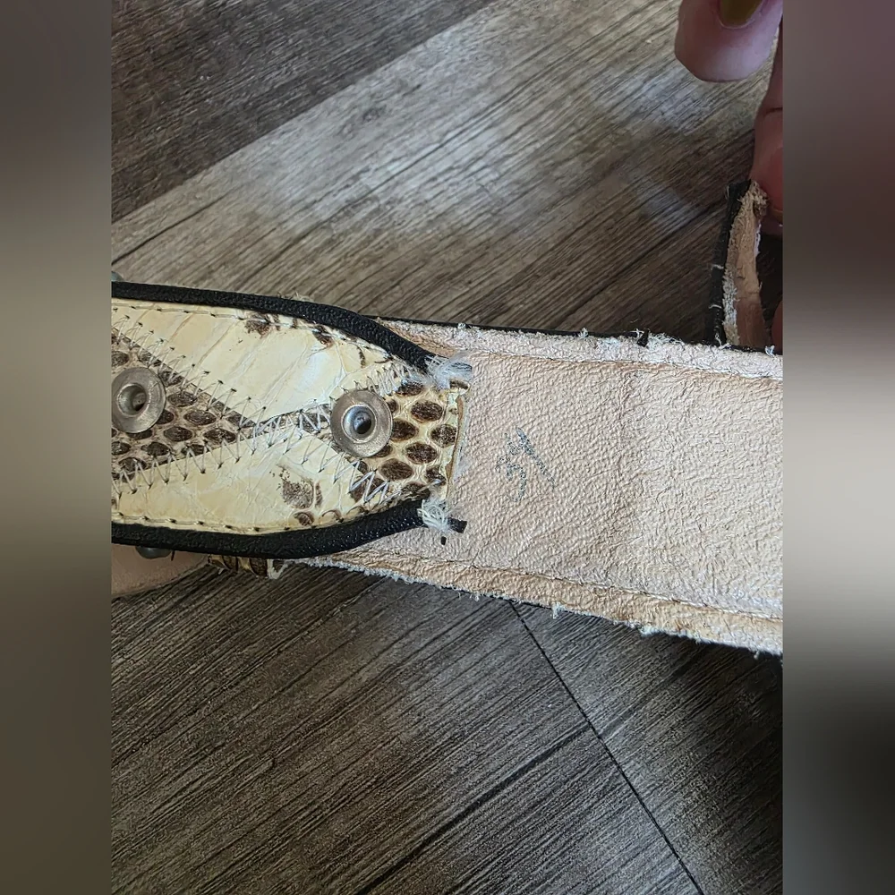Artisan White and Brown Snakeskin Leather Belt with Oval Buckle